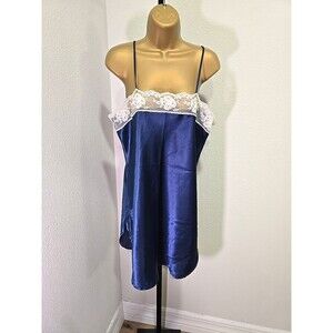 Blue Cream Satin Lace Trim Chemise Slip Dress Womens Lg Dainty Feminine Coquette